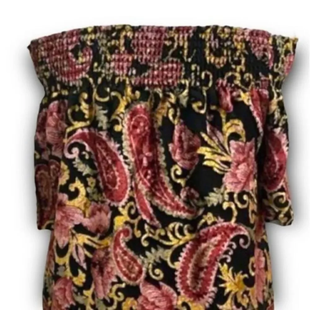 Anthropologie Seen Worn Kept Off the Shoulder Velvet Floral Embossed Top Black M